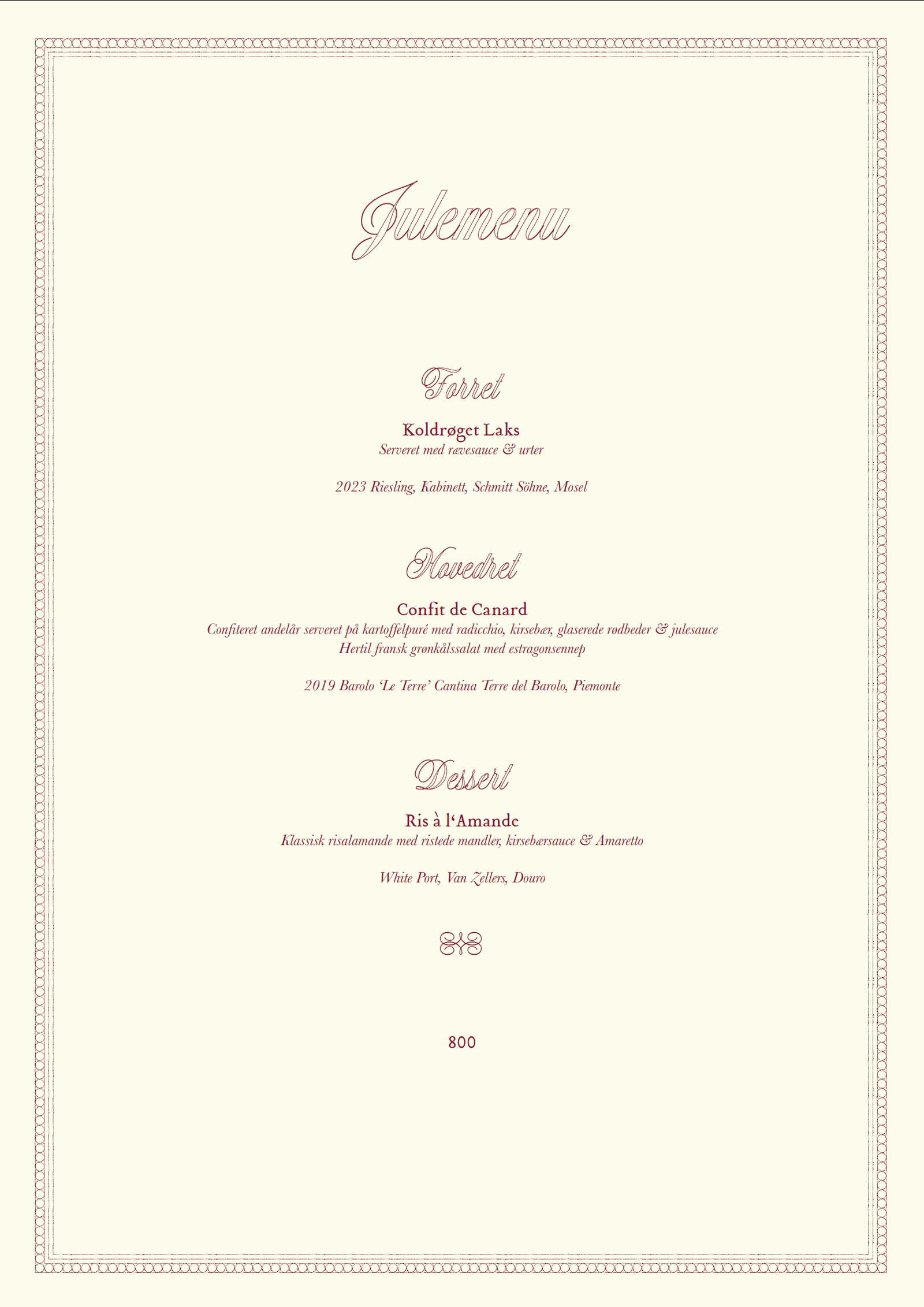 Julemenu Selskabsmenu + Vinmenu 2025