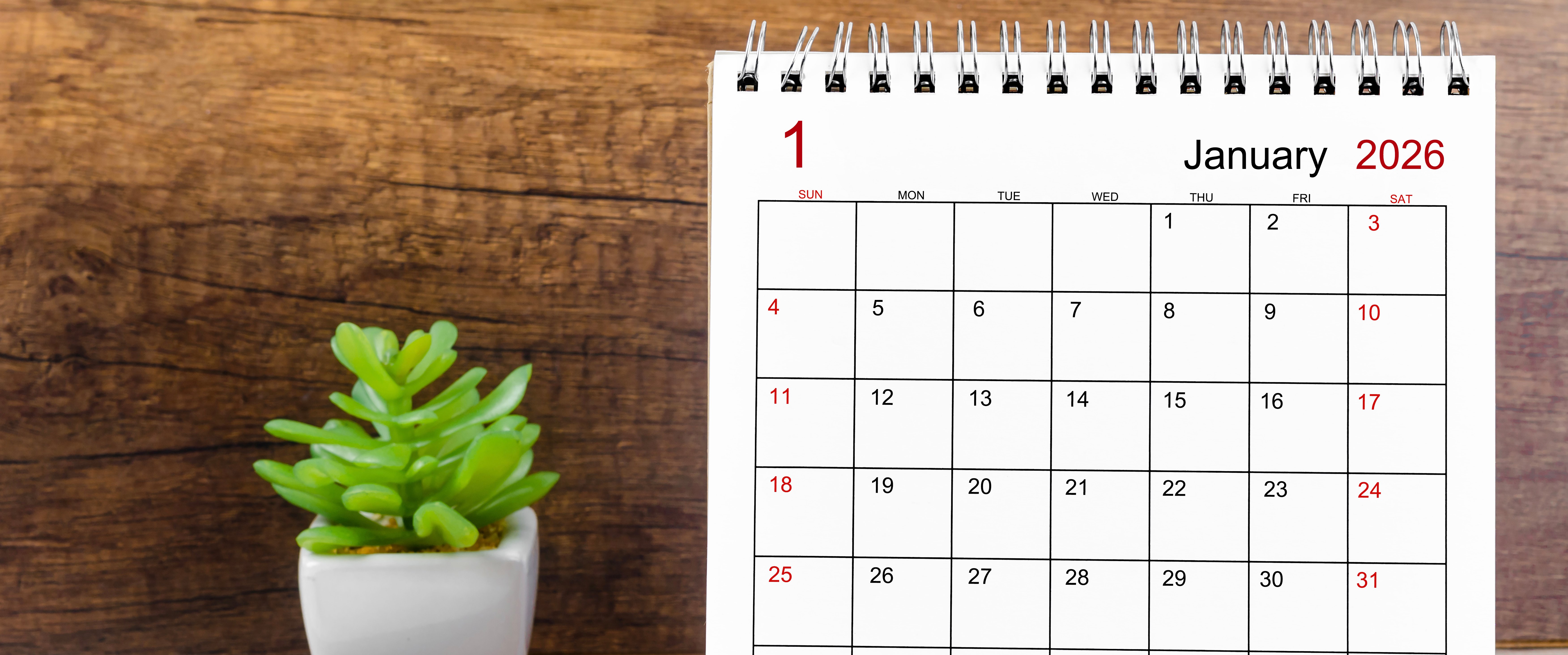 En hvid spiralkalender for januar 2026 placeret på en mørk træoverflade ved siden af en lille grøn sukkulent i en hvid potte.